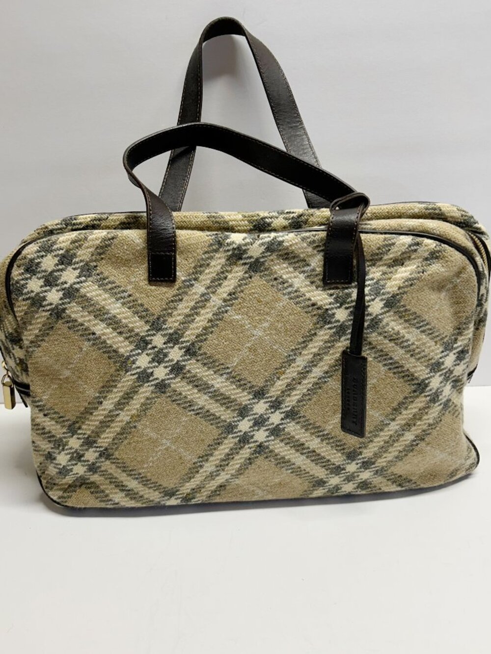 Burberry Beige and Black Plaid Tote with Dark Brown Leather Handles
